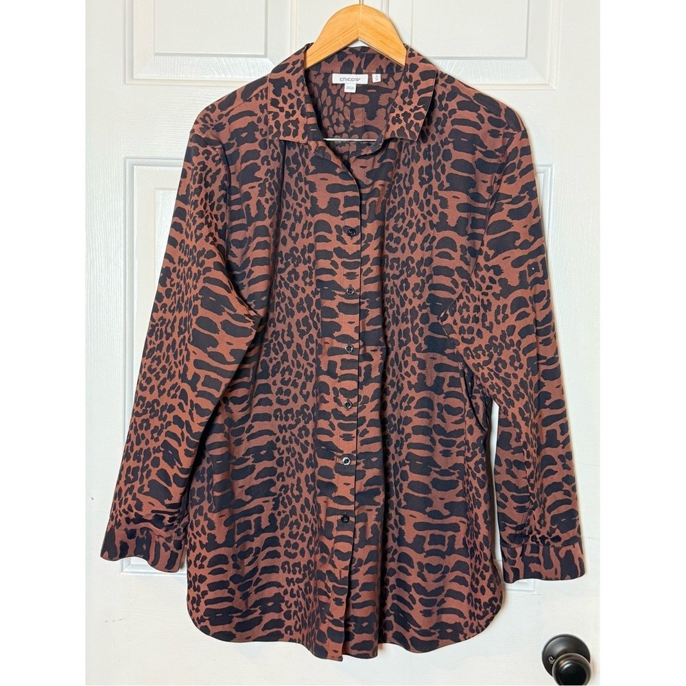 Chico's Black & Brown Animal Print Button-Up Blouse size 4 US20